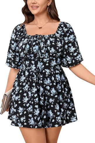 SCOMCHIC Women Plus Size Rompers Summer Casual Polka Dot Puff Sleeve High Waist Loose Shorts Jumpsuit Cute Playsuit in Saudi Arabia