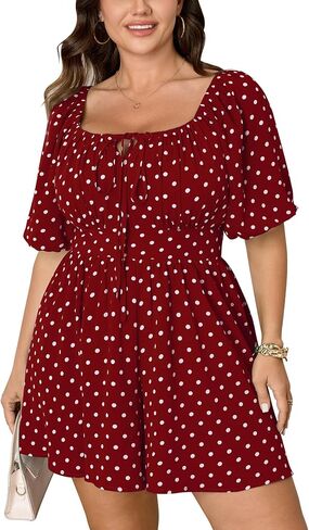 SCOMCHIC Women Plus Size Rompers Summer Casual Polka Dot Puff Sleeve High Waist Loose Shorts Jumpsuit Cute Playsuit in Saudi Arabia