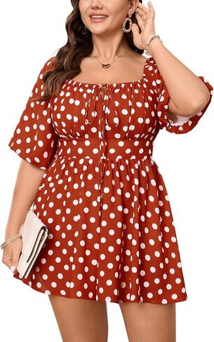 SCOMCHIC Women Plus Size Rompers Summer Casual Polka Dot Puff Sleeve High Waist Loose Shorts Jumpsuit Cute Playsuit in Saudi Arabia