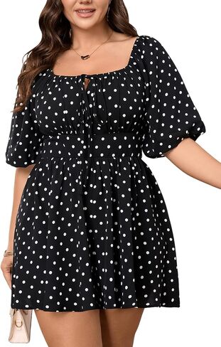 SCOMCHIC Women Plus Size Rompers Summer Casual Polka Dot Puff Sleeve High Waist Loose Shorts Jumpsuit Cute Playsuit in Saudi Arabia