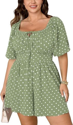 SCOMCHIC Women Plus Size Rompers Summer Casual Polka Dot Puff Sleeve High Waist Loose Shorts Jumpsuit Cute Playsuit in Saudi Arabia