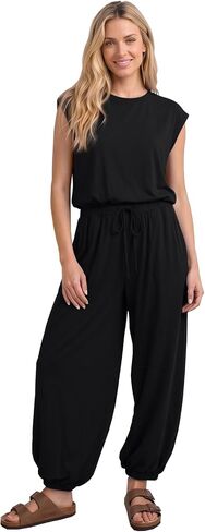 Jumpsuits for Women 2026 Casual Cap Sleeve One Piece Outfits Loose Crewneck Drawstring Romper with Pockets in Saudi Arabia