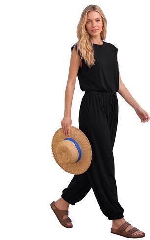 Jumpsuits for Women 2026 Casual Cap Sleeve One Piece Outfits Loose Crewneck Drawstring Romper with Pockets in Saudi Arabia