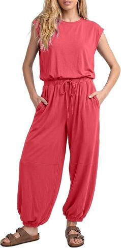Jumpsuits for Women 2026 Casual Cap Sleeve One Piece Outfits Loose Crewneck Drawstring Romper with Pockets in Saudi Arabia