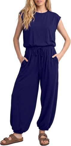 Jumpsuits for Women 2026 Casual Cap Sleeve One Piece Outfits Loose Crewneck Drawstring Romper with Pockets in Saudi Arabia