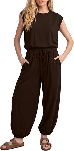 Jumpsuits for Women 2026 Casual Cap Sleeve One Piece Outfits Loose Crewneck Drawstring Romper with Pockets in Saudi Arabia