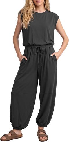 Jumpsuits for Women 2026 Casual Cap Sleeve One Piece Outfits Loose Crewneck Drawstring Romper with Pockets in Saudi Arabia