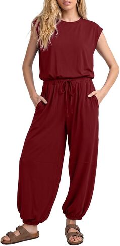 Jumpsuits for Women 2026 Casual Cap Sleeve One Piece Outfits Loose Crewneck Drawstring Romper with Pockets in Saudi Arabia
