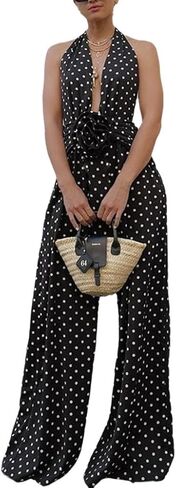 THLAI Sexy Deep Vneck Jumpsuits for Women Polka Dot Halter Neck Backless Wide Leg Jumpsuits Going Out One Piece Outfits in Kuwait