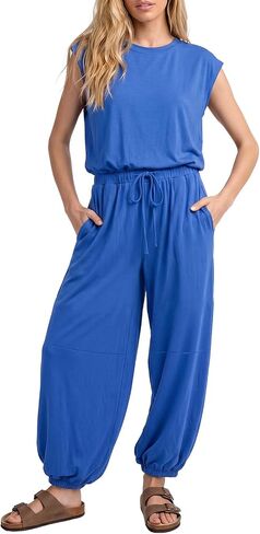 Jumpsuits for Women 2026 Casual Cap Sleeve One Piece Outfits Loose Crewneck Drawstring Romper with Pockets in Saudi Arabia