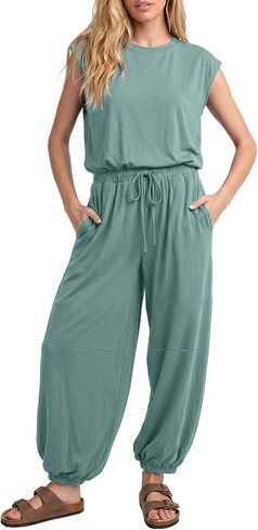 Jumpsuits for Women 2026 Casual Cap Sleeve One Piece Outfits Loose Crewneck Drawstring Romper with Pockets in Saudi Arabia