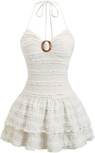 BEAUDRM Women's Textured Halter Mini Dress Y2K Ruffle Layered Backless A Line Summer Vacation Short Dresses in Saudi Arabia