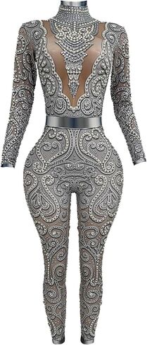 Women Rhinestone Pearls Jumpsuit Nightclub Party Stage Performance Bodycon Birthday Outfits Skinny Printing Romper in Saudi Arabia