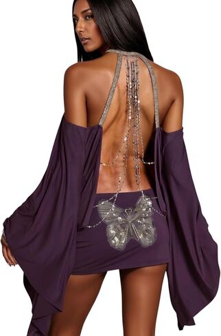 Backless Dress for Women Embellished Batwing Sleeves Butterfly Chain Sequin Mini Bodycon Dress Sexy Partywear in Saudi Arabia