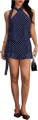 OYOANGLE Women's Y2k Polka Dots Backless Halter Dress Sleeveless Party Going Out Mini Tank Dresses in Saudi Arabia