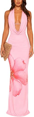 Women's Sexy Deep V Neck Halter Maxi Dress Floral Sleeveless Backless Bodycon Party Beach Vacation Summer Dress in Saudi Arabia