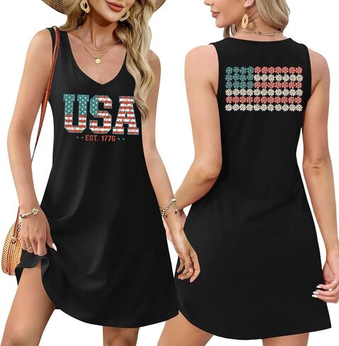 LHBNK 4th of July Dress for Women: American Flag Tank Dresses Star Striped Splicing Loose V Neck Sundresses in Kuwait