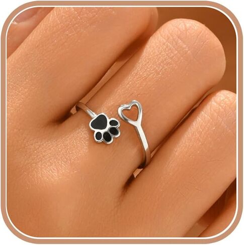 925 Sterling Silver Paw Print Rings for Women 14K Gold Plated Puppy Dog Cat Love Heart Stackable Rings for Mother Daughter Cute Pet Animals Claw Adjustable Ring Gift for Pet Loving Friends in Saudi Arabia