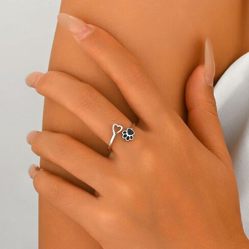 925 Sterling Silver Paw Print Rings for Women 14K Gold Plated Puppy Dog Cat Love Heart Stackable Rings for Mother Daughter Cute Pet Animals Claw Adjustable Ring Gift for Pet Loving Friends in Saudi Arabia