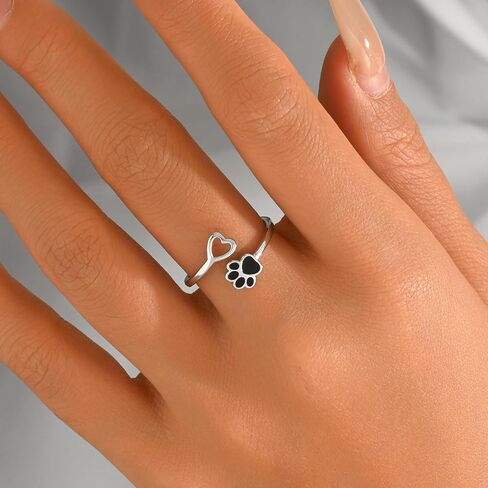 925 Sterling Silver Paw Print Rings for Women 14K Gold Plated Puppy Dog Cat Love Heart Stackable Rings for Mother Daughter Cute Pet Animals Claw Adjustable Ring Gift for Pet Loving Friends in Saudi Arabia