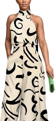Women's Floral Print Jumpsuits Elegant Wide Leg Pants Halter Neck Tie Back Sleeveless Flowy Rompers Cocktail Dressy in Saudi Arabia