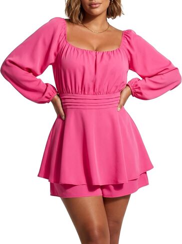 Womens Plus Size Romper Summer Long Sleeve Smocked Romper Dress Square Neck Boho Short Jumpsuits A Line Casual in Saudi Arabia