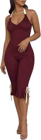 Molilove Women's Sexy Jumpsuits Halter Neck Backless Bodycon Ruffled Hem Capris Jumpsuit Summer Going Out Outfits in Kuwait