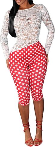 Women Capri Jumpsuit Long Sleeve Backless Lace Top Polka Dot Pants Sexy Romper Club Going Out Outfits in Saudi Arabia