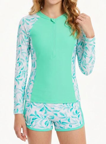 Girls Rash Guard Swimsuits Long Sleeve Swimsuit 2 Piece Bathing Suits UPF 50+ Zip Swimwear Boyshorts for 6-16 Years in Saudi Arabia