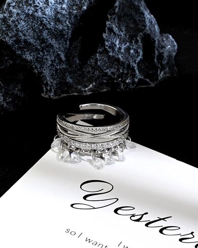 Silver Cubic Zirconia Criss Cross Dangle Ring Statement Stacking Charm Open Rings for Women in Saudi Arabia