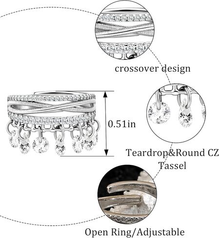 Silver Cubic Zirconia Criss Cross Dangle Ring Statement Stacking Charm Open Rings for Women in Saudi Arabia