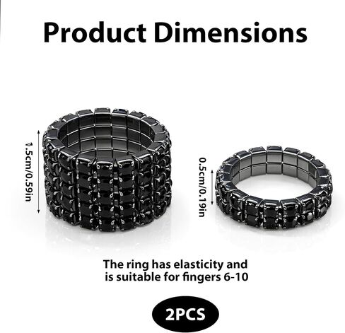 2Pcs Black Rings for Women Rhinestone Elastic Band, Sparkly Stretchy Statement Jewelry Set, Chunky Crystal Goth Cocktail Ring Fashion Gift Idea in Saudi Arabia