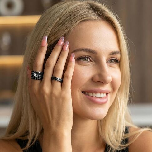 2Pcs Black Rings for Women Rhinestone Elastic Band, Sparkly Stretchy Statement Jewelry Set, Chunky Crystal Goth Cocktail Ring Fashion Gift Idea in Saudi Arabia