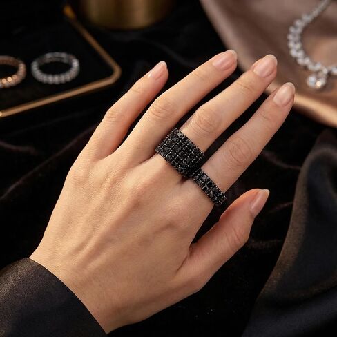 2Pcs Black Rings for Women Rhinestone Elastic Band, Sparkly Stretchy Statement Jewelry Set, Chunky Crystal Goth Cocktail Ring Fashion Gift Idea in Saudi Arabia