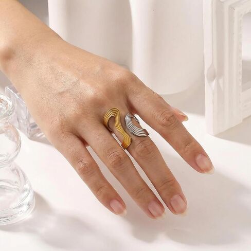 Thumb Ring, Gold and Silver Rings, Wave Arc Design Jewelry Piece, Adjustable Fit for Comfortable Wear, Stylish Accessory for Daily Use and Special Occasions, One Piece Set with Mixed Metal Finish in Saudi Arabia