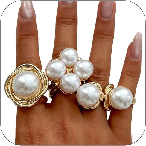 Pearl Ring For Women Stacking Baroque Ring Set Gold Silvery Imitation Pearl Hollowed-Out Joint Ring Set Adjustable Open Dome Rings Trendy Jewerly For Women in Saudi Arabia