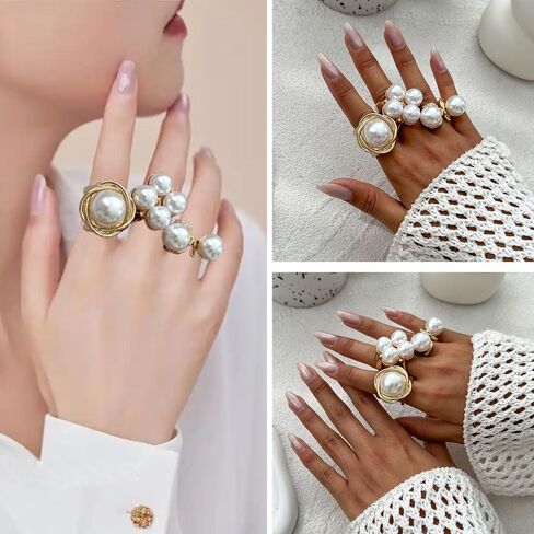 Pearl Ring For Women Stacking Baroque Ring Set Gold Silvery Imitation Pearl Hollowed-Out Joint Ring Set Adjustable Open Dome Rings Trendy Jewerly For Women in Saudi Arabia