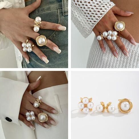 Pearl Ring For Women Stacking Baroque Ring Set Gold Silvery Imitation Pearl Hollowed-Out Joint Ring Set Adjustable Open Dome Rings Trendy Jewerly For Women in Saudi Arabia
