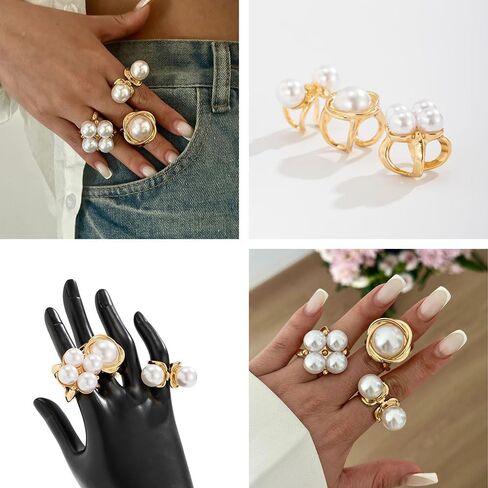 Pearl Ring For Women Stacking Baroque Ring Set Gold Silvery Imitation Pearl Hollowed-Out Joint Ring Set Adjustable Open Dome Rings Trendy Jewerly For Women in Saudi Arabia