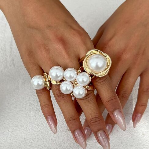 Pearl Ring For Women Stacking Baroque Ring Set Gold Silvery Imitation Pearl Hollowed-Out Joint Ring Set Adjustable Open Dome Rings Trendy Jewerly For Women in Saudi Arabia
