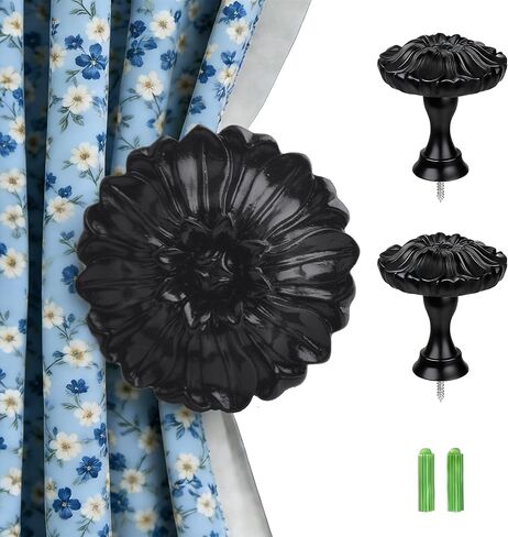 2PCS Floral Curtain Holdbacks, 3x3.35 Resin Wall Hook for Drapery Tiebacks, Coats, Hats & Scarf Holder, Easy Punch Install - Daisy Black in Saudi Arabia