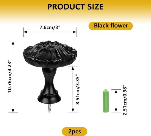 2PCS Floral Curtain Holdbacks, 3x3.35 Resin Wall Hook for Drapery Tiebacks, Coats, Hats & Scarf Holder, Easy Punch Install - Daisy Black in Saudi Arabia