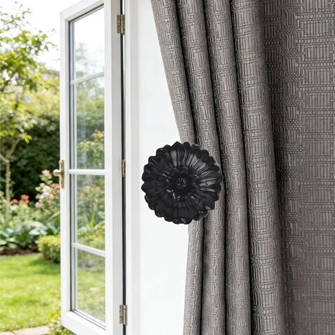 2PCS Floral Curtain Holdbacks, 3x3.35 Resin Wall Hook for Drapery Tiebacks, Coats, Hats & Scarf Holder, Easy Punch Install - Daisy Black in Saudi Arabia