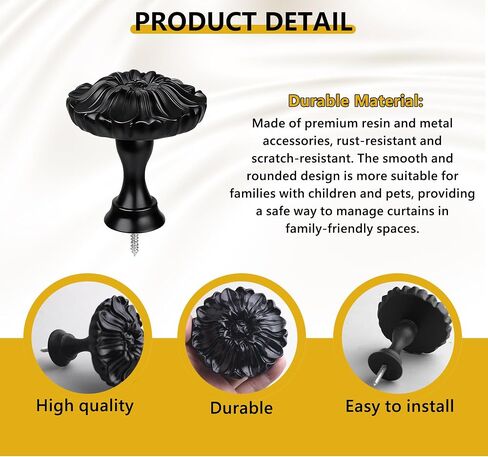 2PCS Floral Curtain Holdbacks, 3x3.35 Resin Wall Hook for Drapery Tiebacks, Coats, Hats & Scarf Holder, Easy Punch Install - Daisy Black in Saudi Arabia