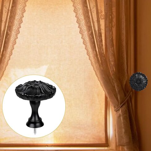 2PCS Floral Curtain Holdbacks, 3x3.35 Resin Wall Hook for Drapery Tiebacks, Coats, Hats & Scarf Holder, Easy Punch Install - Daisy Black in Saudi Arabia