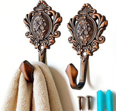2Pcs Wall Hooks Red Copper Rose Pattern Carved Vintage Drapery Clothes Key Hook Bathroom Bedroom Multi-Function Decorative Hook with Screws+Expansion Plugs in Kuwait