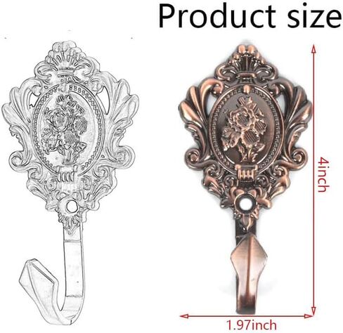 2Pcs Wall Hooks Red Copper Rose Pattern Carved Vintage Drapery Clothes Key Hook Bathroom Bedroom Multi-Function Decorative Hook with Screws+Expansion Plugs in Kuwait