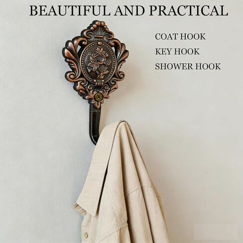 2Pcs Wall Hooks Red Copper Rose Pattern Carved Vintage Drapery Clothes Key Hook Bathroom Bedroom Multi-Function Decorative Hook with Screws+Expansion Plugs in Kuwait