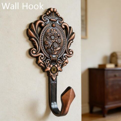 2Pcs Wall Hooks Red Copper Rose Pattern Carved Vintage Drapery Clothes Key Hook Bathroom Bedroom Multi-Function Decorative Hook with Screws+Expansion Plugs in Kuwait