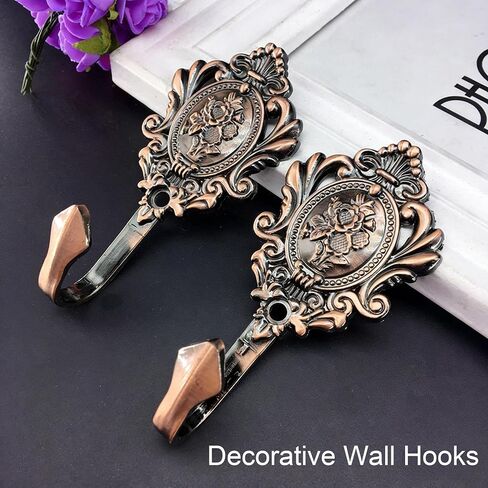 2Pcs Wall Hooks Red Copper Rose Pattern Carved Vintage Drapery Clothes Key Hook Bathroom Bedroom Multi-Function Decorative Hook with Screws+Expansion Plugs in Kuwait